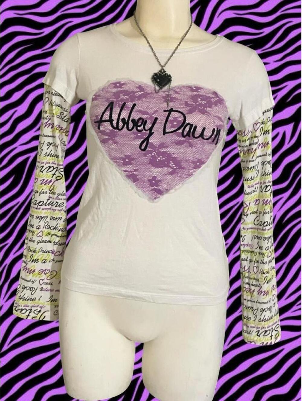 NWOT Abbey Dawn white long sleeve shirt with purple heart and lace graphic